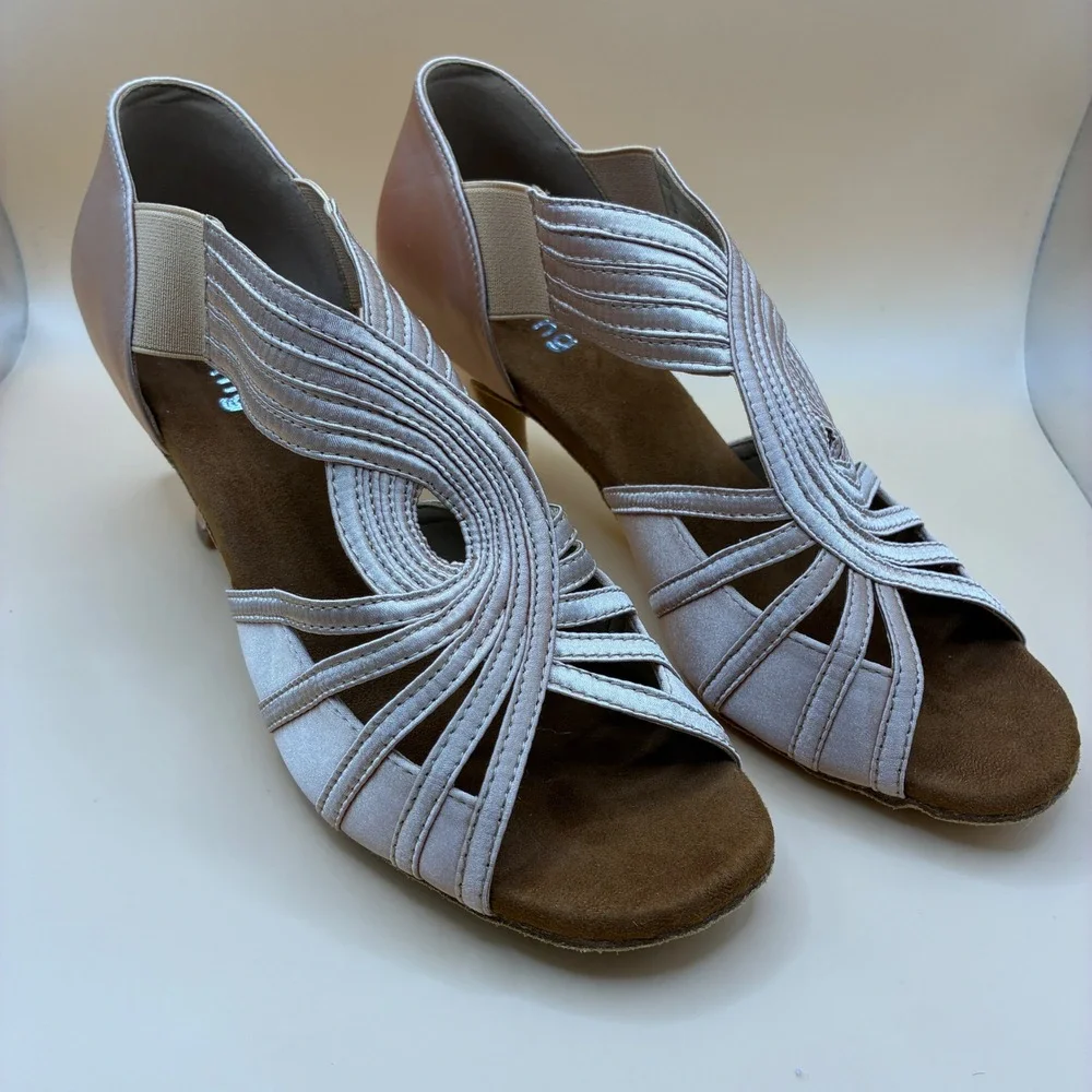 Womens Dance Shoes 8.5 Satin Champagne Gold Ballroom Latin Salsa Heels